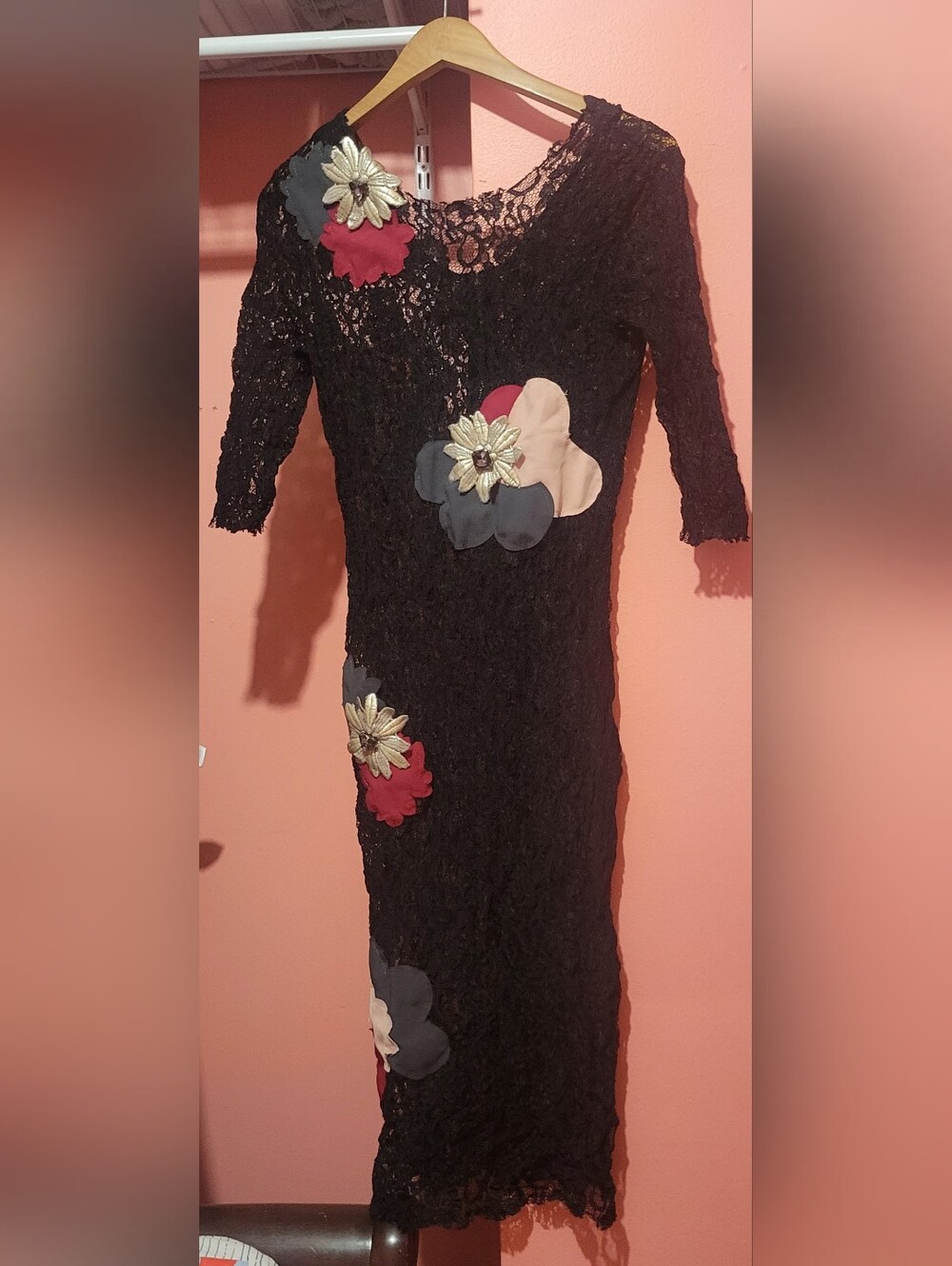 Black Lace Midi Dress with Multicolor Floral Accents